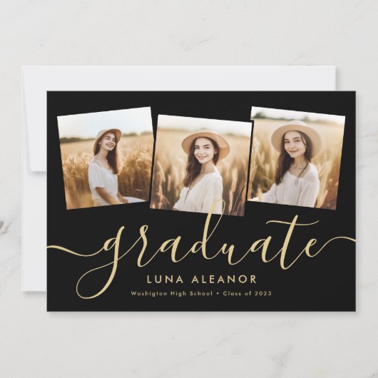 Moderne 4 foto-Afstuderen Collage Black en Gold Aankondiging (Voorkant)