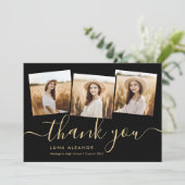 Moderne 4 foto-Afstuderen Collage Black en Gold Bedankkaart (Staand voorkant)