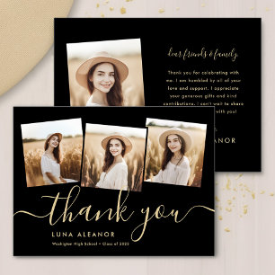 Moderne 4 foto-Afstuderen Collage Black en Gold Bedankkaart
