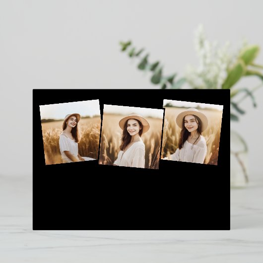 Moderne 4 foto-Afstuderen Collage Black en Gold Folie Uitnodiging (Staand Voorkant)