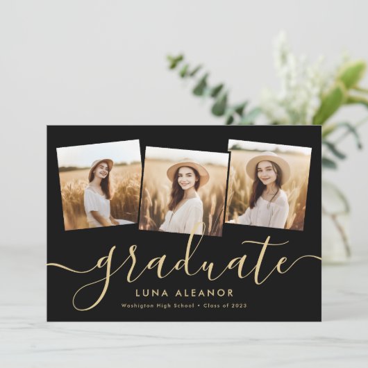 Moderne 4 foto-Afstuderen Collage Black en Gold Kaart (Staand voorkant)