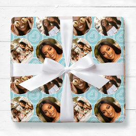 Moderne 4 Foto Collage Cirkel Hart Patroon Blauw Cadeaupapier