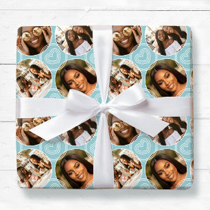 Moderne 4 Foto Collage Cirkel Hart Patroon Blauw Cadeaupapier