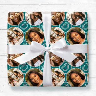 Moderne 4 Foto Collage Cirkel Hart Patroon Groen Cadeaupapier