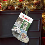 Moderne 4 Foto Collage Cute Red Script Naam Kleine Kerstsok<br><div class="desc">Viel de eenvoudige vreugde van je wazige familielid met deze schattige aangename 4 foto's die kerstmis opblazen. De naam en de afbeeldingen op deze sjabloon zijn eenvoudig te personaliseren. (AFBEELDING PLACEMENT TIP: Een gemakkelijke manier om een foto precies te centreren hoe u wilt is het te bebouwen alvorens aan de...</div>