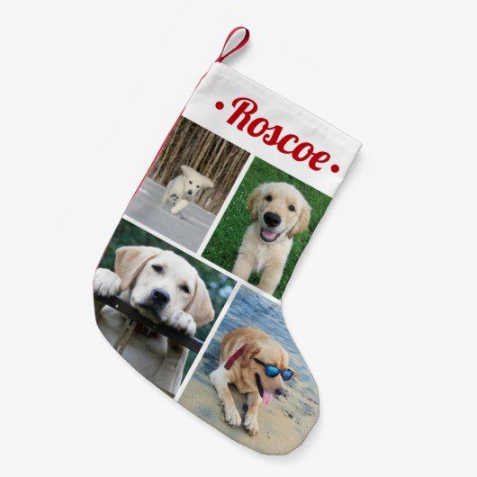 Moderne 4 Foto Collage Cute Red Script Naam Kleine Kerstsok (Voorkant (Hangend))