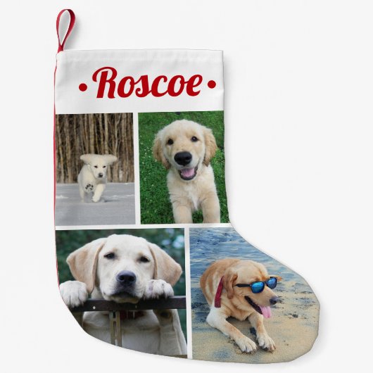 Moderne 4 Foto Collage Cute Red Script Naam Kleine Kerstsok (Voorkant)