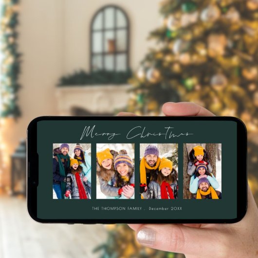 Moderne 4 Foto Collage Groene Kerstmis Feestdagenkaart