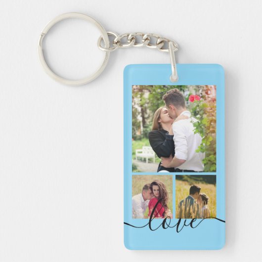 Moderne 4 Foto Collage Liefde Script Aandenken Sleutelhanger (Voorkant)