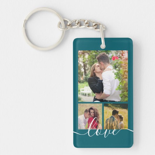 Moderne 4 Foto Collage Liefde Script Aandenken Sleutelhanger (Voorkant)