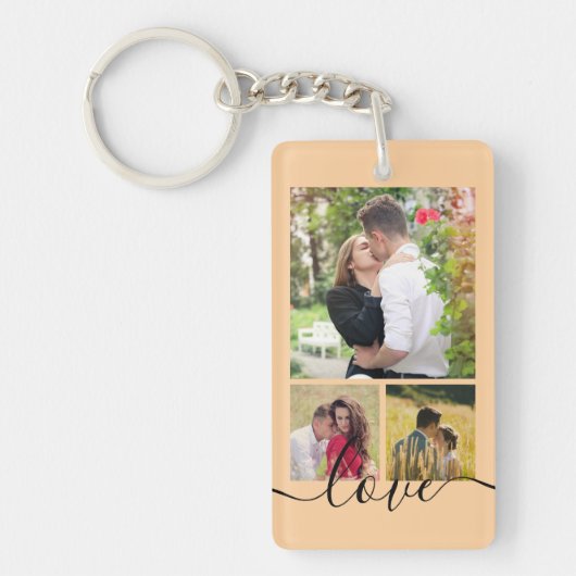 Moderne 4 Foto Collage Liefde Script Aandenken Sleutelhanger (Voorkant)