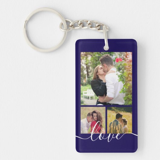 Moderne 4 Foto Collage Liefde Script Aandenken Sleutelhanger (Voorkant)