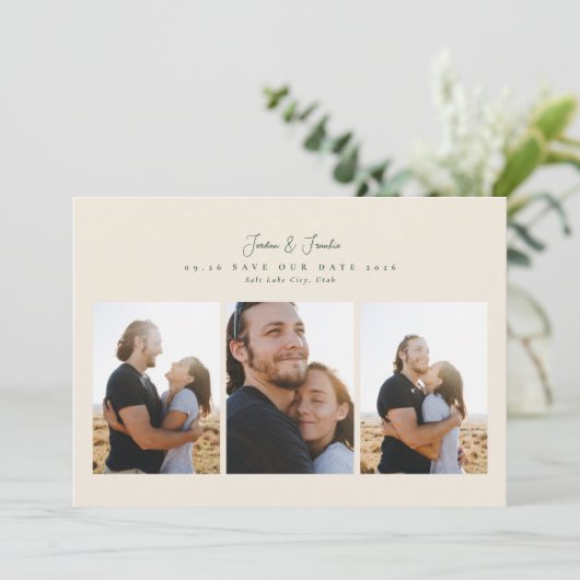 Moderne 4 foto collage script kalligrafie bruiloft save the date (Staand voorkant)