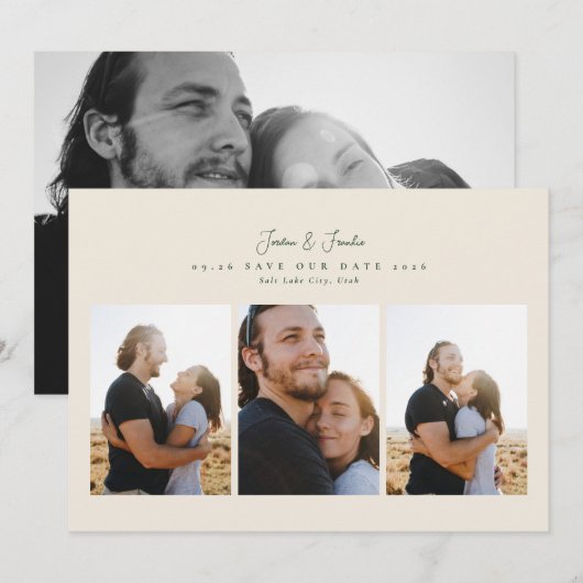 Moderne 4 foto collage script kalligrafie bruiloft save the date (Voorkant / Achterkant)