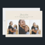 Moderne 4 foto collage script kalligrafie bruiloft save the date<br><div class="desc">moderne 4 foto script kalligrafie bruiloft Save the Date. Deze elegante kaart bevat een fotocollage van 3 foto's aan de voorkant en 1 aan de achterkant met aangepaste tekst en achtergrond.collage</div>