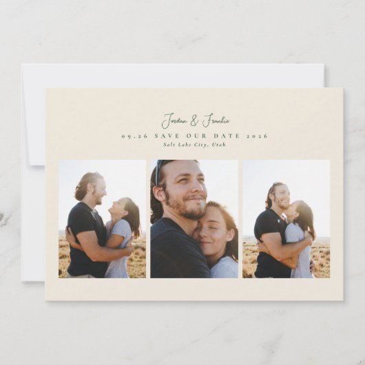 Moderne 4 foto collage script kalligrafie bruiloft save the date (Voorkant)