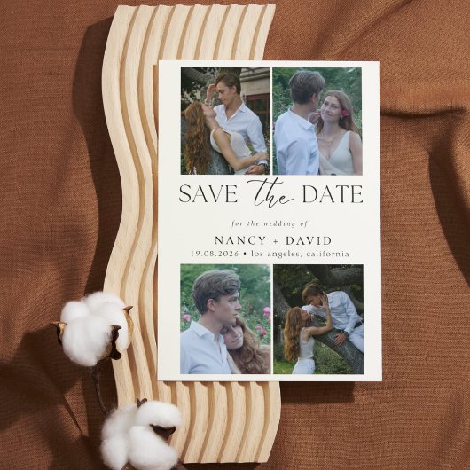 Moderne 4 Foto Collage Script Typografie Huwelijk Save The Date