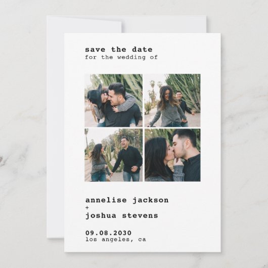 Moderne 4 foto collage simpele typografie bruiloft save the date (Voorkant)