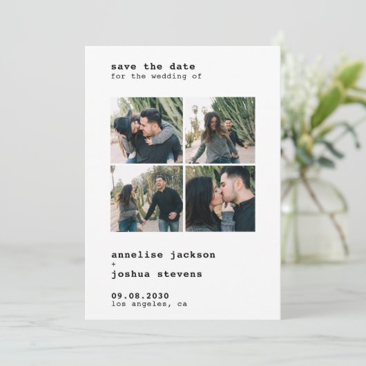 Moderne 4 foto collage simpele typografie bruiloft save the date (Staand voorkant)