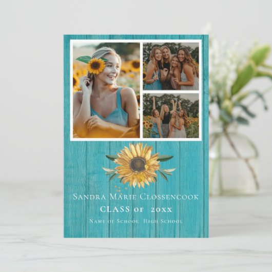 Moderne 4 foto collage zonnebloem afstuderen  aankondiging (Staand voorkant)