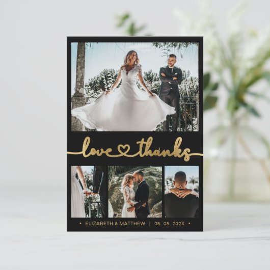 Moderne 4 foto Gold Heart Script Wedding Dank u Bedankkaart (Staand voorkant)