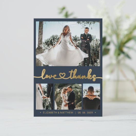 Moderne 4 Foto Heart Script Navy bruiloft Dank u Bedankkaart (Staand voorkant)