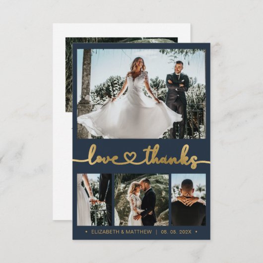 Moderne 4 Foto Heart Script Navy bruiloft Dank u Bedankkaart (Voorkant / Achterkant)