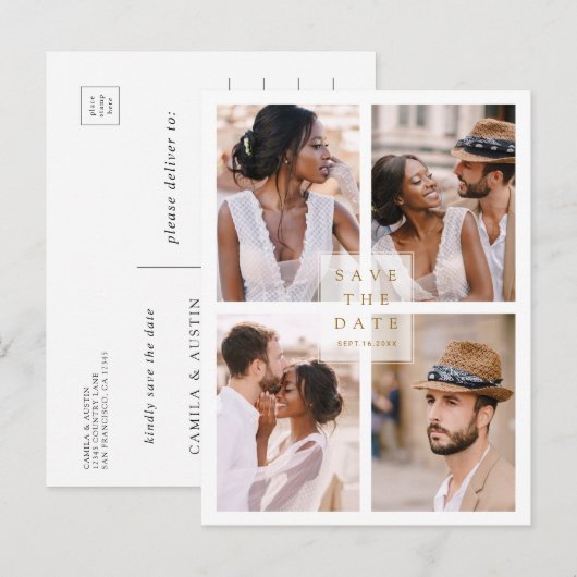 Moderne 4-foto-inkuiling Gold Save the Date Aankondigingskaart (Voorkant / Achterkant)