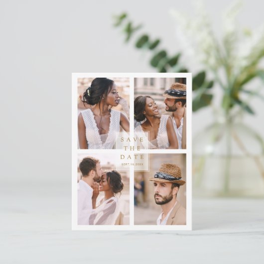 Moderne 4-foto-inkuiling Gold Save the Date Aankondigingskaart (Staand voorkant)