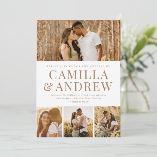 Moderne 4 foto QR Code RSVP Elegante bruiloft Kaart (Staand voorkant)