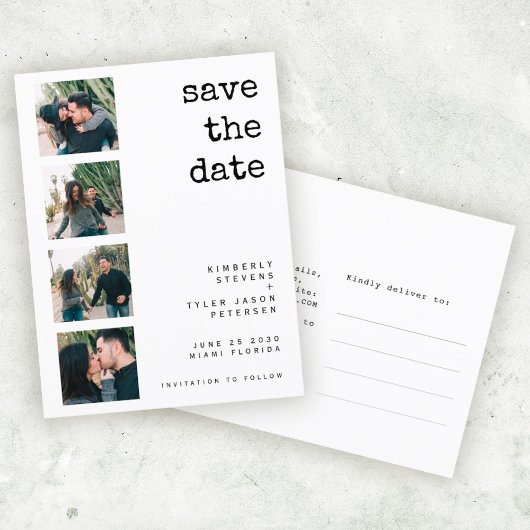 Moderne 4 fotocollage bruiloft, behalve de datum aankondigingskaart