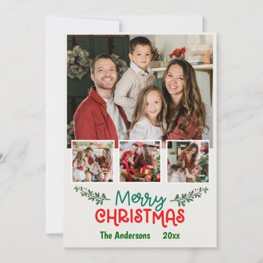 Moderne 4 fotocollage leuke eenvoudige kerst feestdagenkaart (Voorkant)