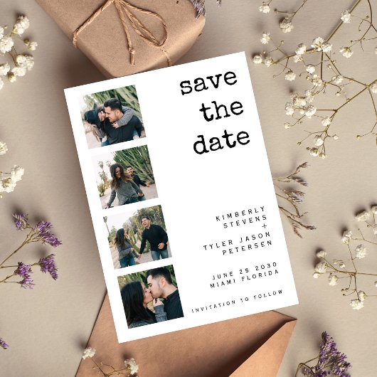 Moderne 4 foto's simpele typografie bruiloft save the date