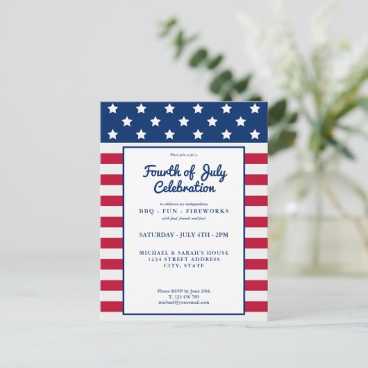 Moderne 4 juli Rood Wit en Blauw Uitnodiging Briefkaart (Staand voorkant)