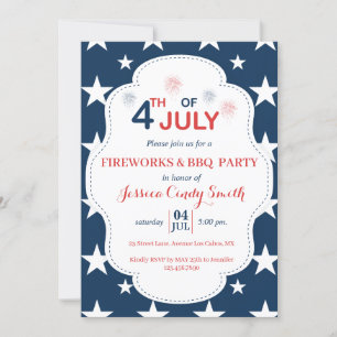 Moderne 4 juli vuurwerk sterren barbecue kaart