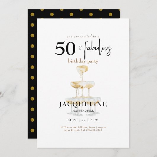 Moderne 50- en Fabulous Black Glam Birthday Party Kaart (Voorkant / Achterkant)