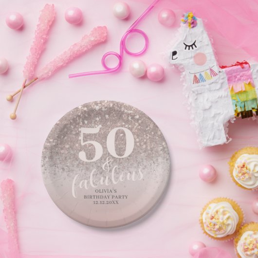 Moderne 50 & Fabulous Roze Glitter Verjaardag Papieren Bordje (Feest)