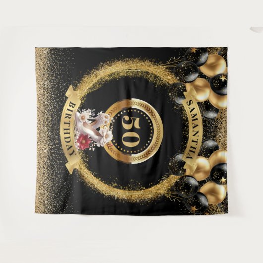 Moderne 50e verjaardag achtergrond witte hoge hakk wandkleed (Voorkant (horizontaal))