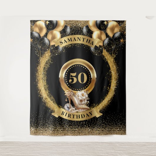 Moderne 50e Verjaardag Banner Blush Zwart Gouden H Wandkleed (Voorkant)