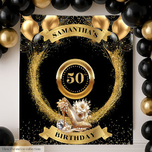 Moderne 50e Verjaardag Banner Blush Zwart Gouden H Wandkleed