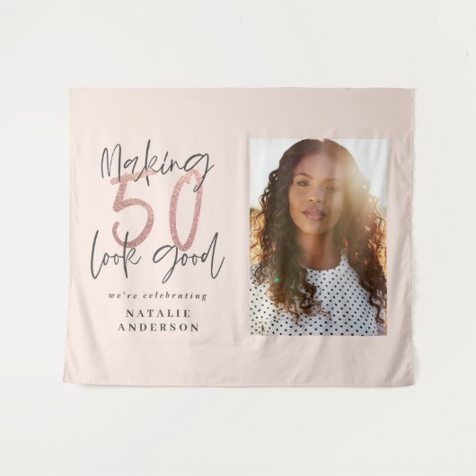Moderne 50e verjaardag chic typografie roze goud wandkleed (Voorkant (horizontaal))