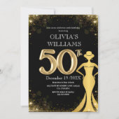 Moderne 50e verjaardag chic zwart gouden jurk glan kaart (Voorkant)