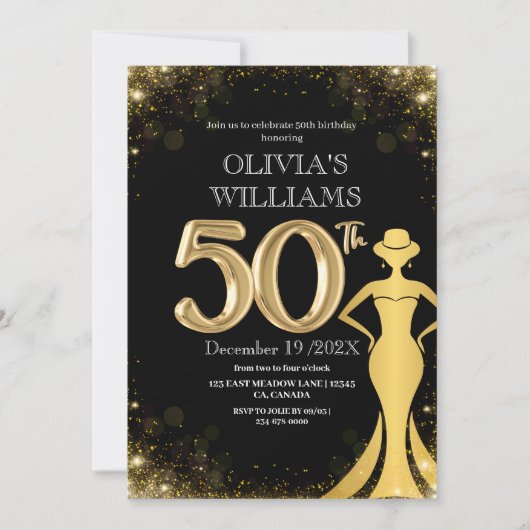 Moderne 50e verjaardag chic zwart gouden jurk glan kaart (Voorkant)
