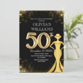 Moderne 50e verjaardag chic zwart gouden jurk glan kaart (Staand voorkant)