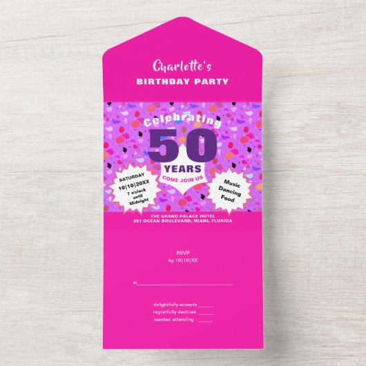 Moderne 50e verjaardag feest viert Glam All In One Uitnodiging (Binnen)