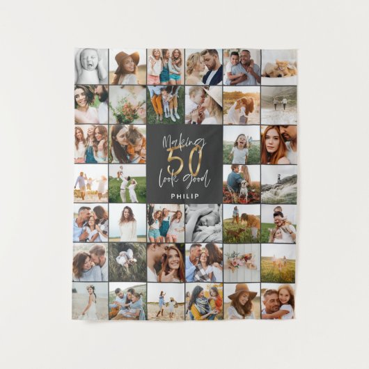 Moderne 50e verjaardag multi foto script geschenk  wandkleed (Voorkant)