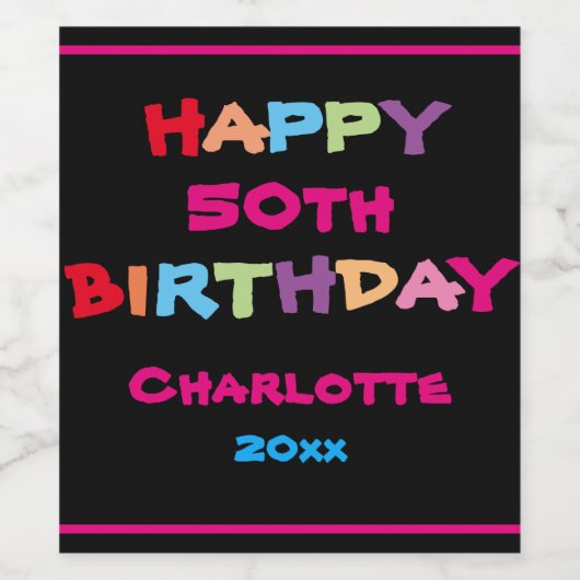 Moderne 50e verjaardag Persoonlijke naam kleurrijk Wijn Etiket (Enkel label)