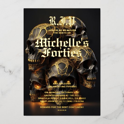 Moderne 50e verjaardag schedel Halloween goud Folie Uitnodiging (Voorkant)