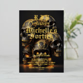 Moderne 50e verjaardag schedel Halloween goud Folie Uitnodiging (Staand Voorkant)