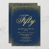 Moderne 50e verjaardag uitnodiging Gold Navy Glitt (Voorkant / Achterkant)